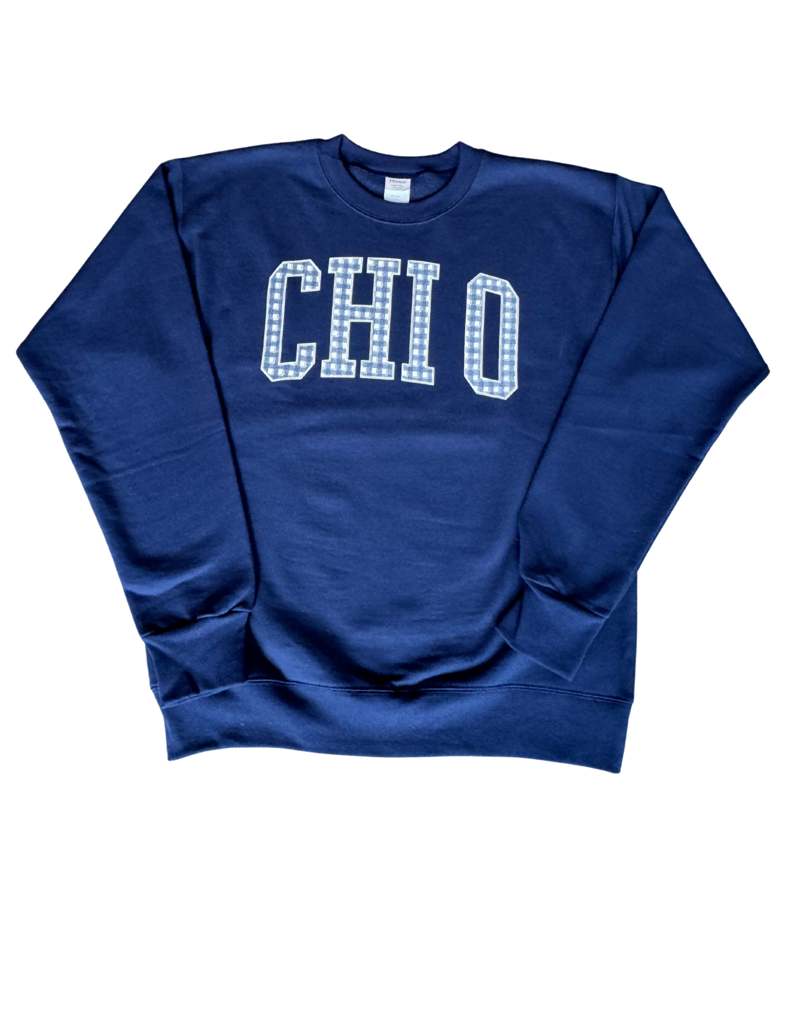 Chi Omega Navy Gingham Letter Crewneck