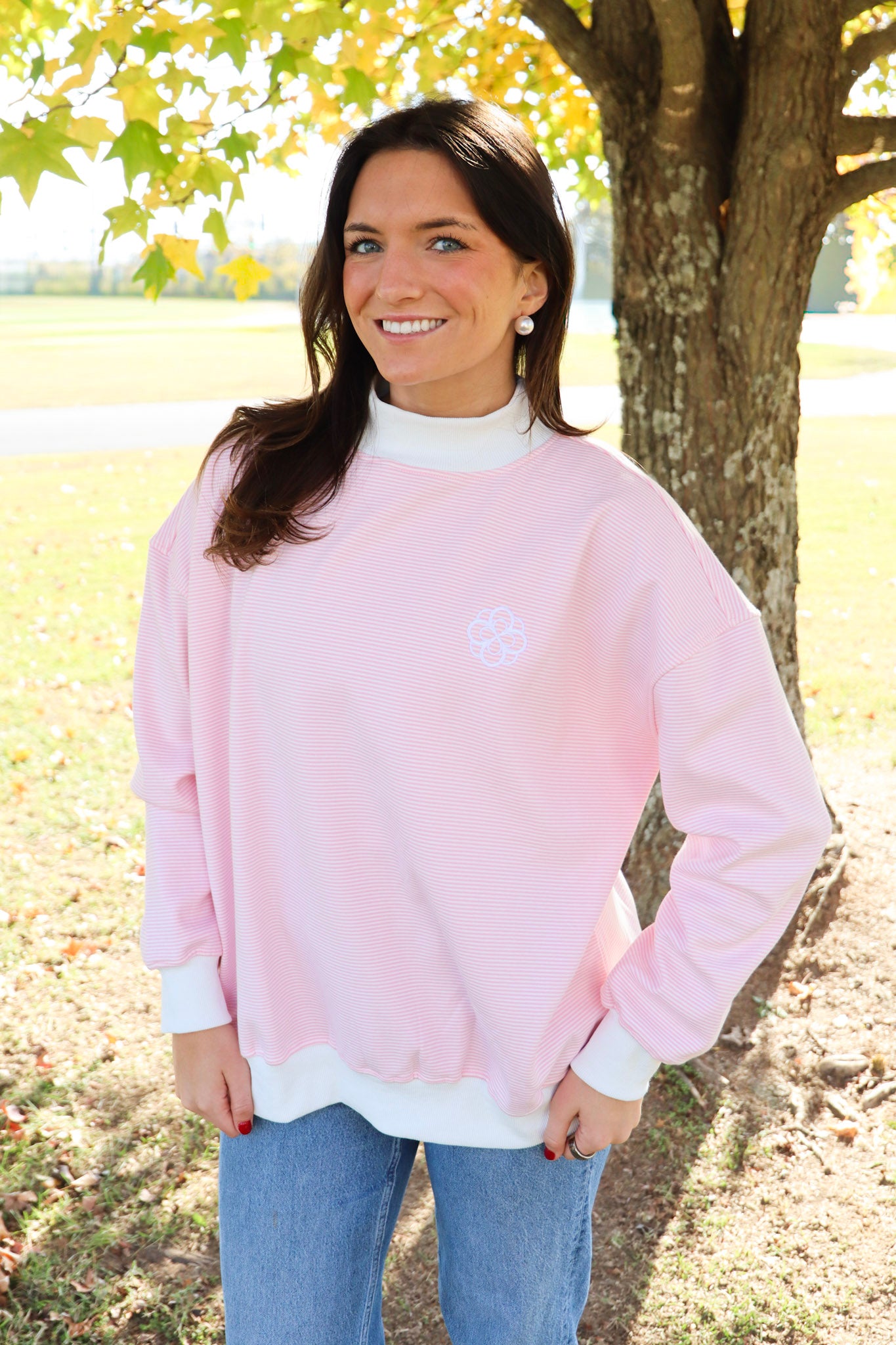 Alpha Omicron Pi Pink Striped Mockneck