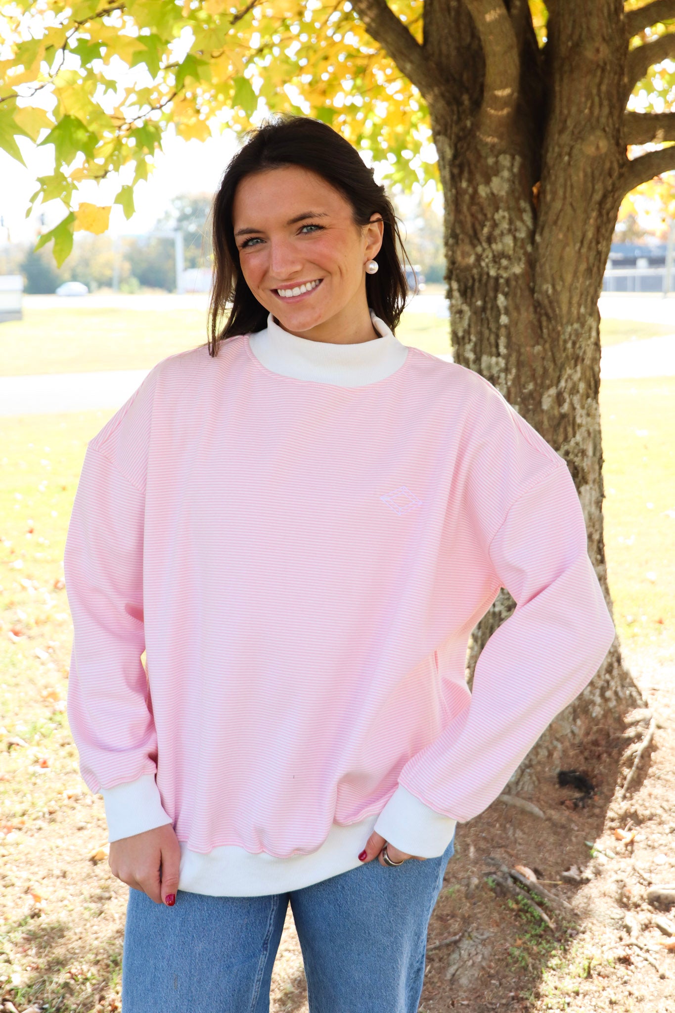 Alpha Delta Pi Pink Striped Mockneck