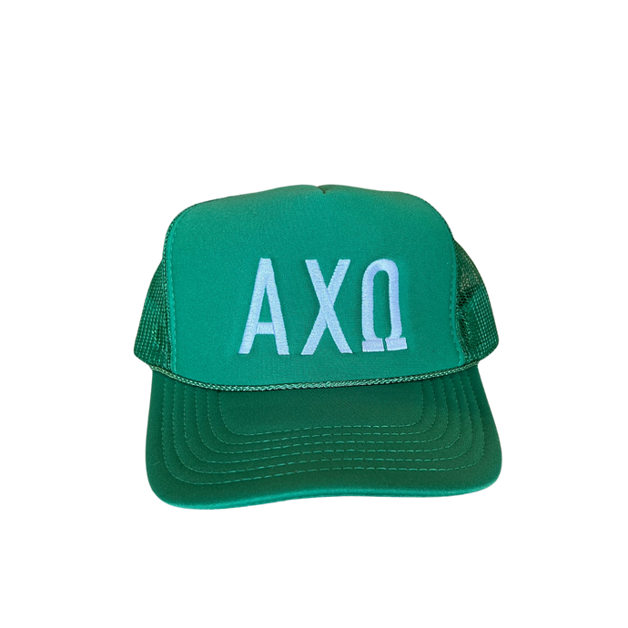 Alpha Chi Omega Green Embroidered Trucker Hat