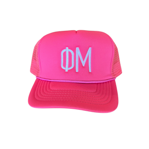 Phi Mu Embroidered Neon Pink Trucker Hat