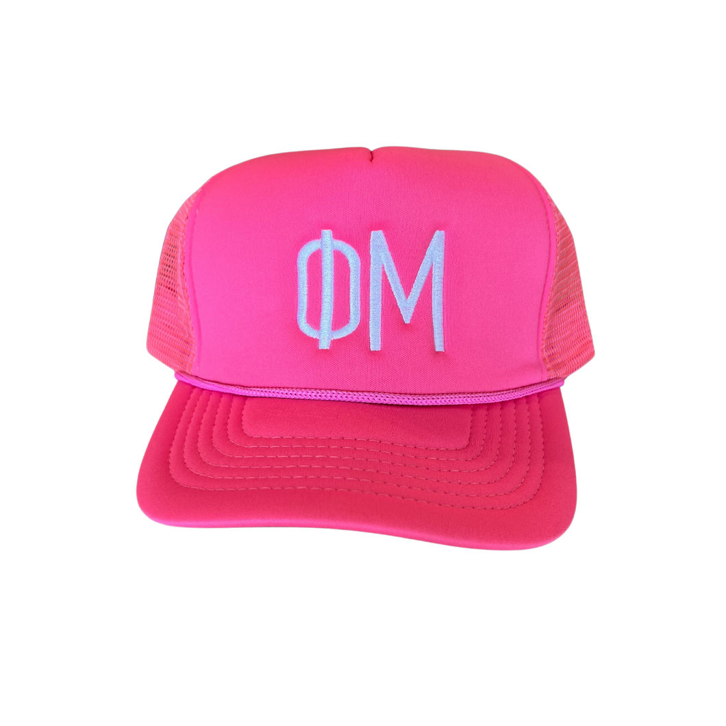 Phi Mu Embroidered Neon Pink Trucker Hat